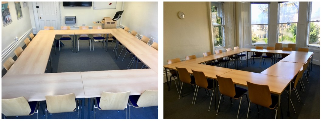 Classroom with tables and chairs.